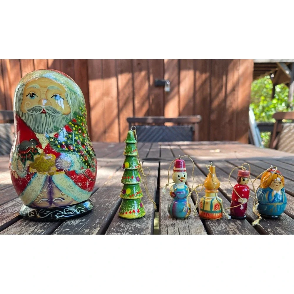 Vintage G. DeBrekht Russian Santa Nesting Doll Set 5 Wooden Christmas Ornaments